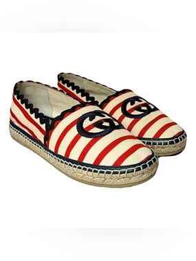 Gucci Par Amour Striped Espadrille Flats Red, White & Navy Size 38 NIB PERFECT✨